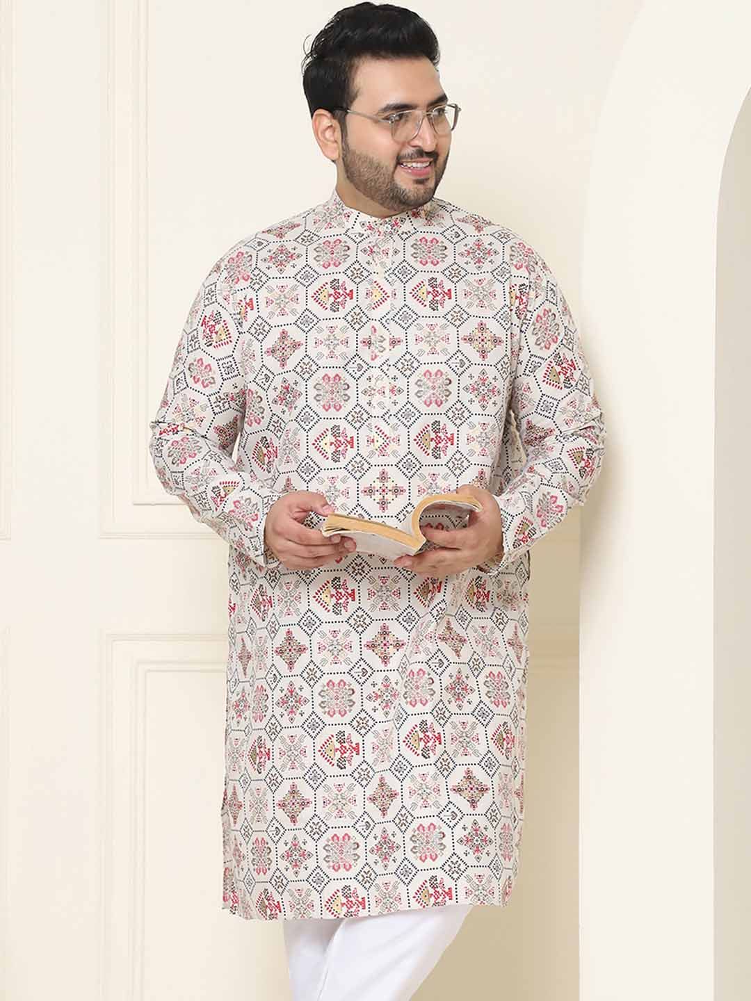 SOJANYA PLUS Ethnic Motifs Printed Band Collar Straight Cotton Linen Kurta