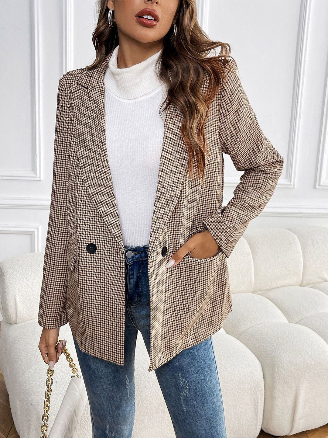 DressBerry Women Checked Lapel Collar Top