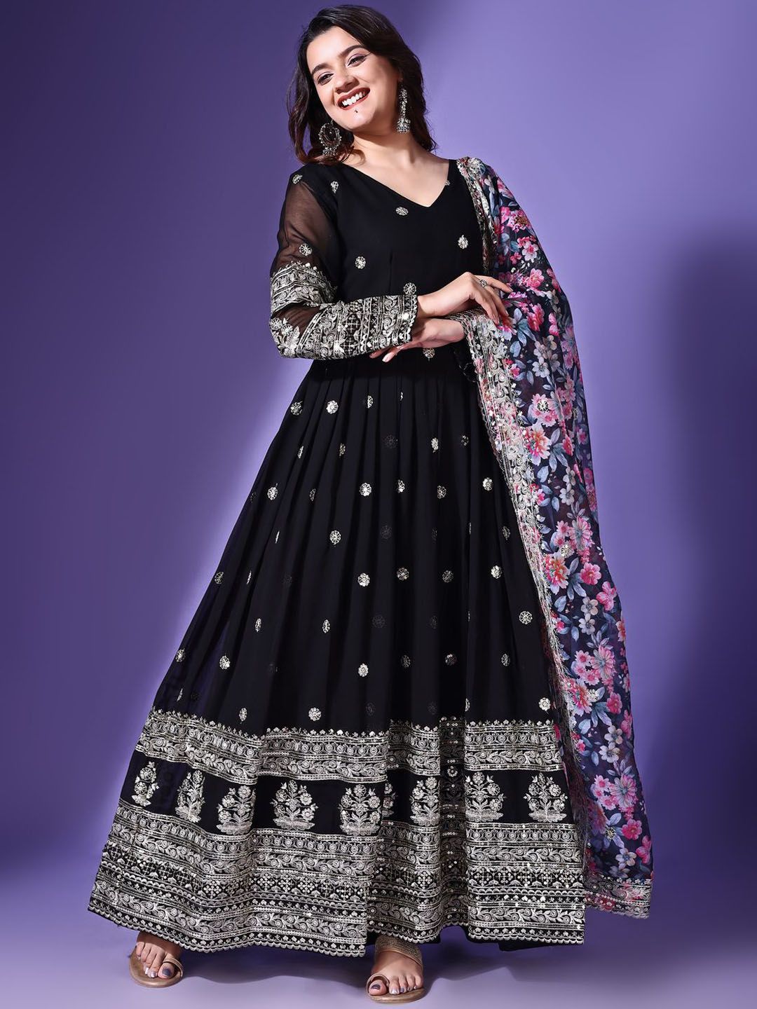 KALINI Floral Embroidered Sequinned V Neck Georgette Anarkali Kurta