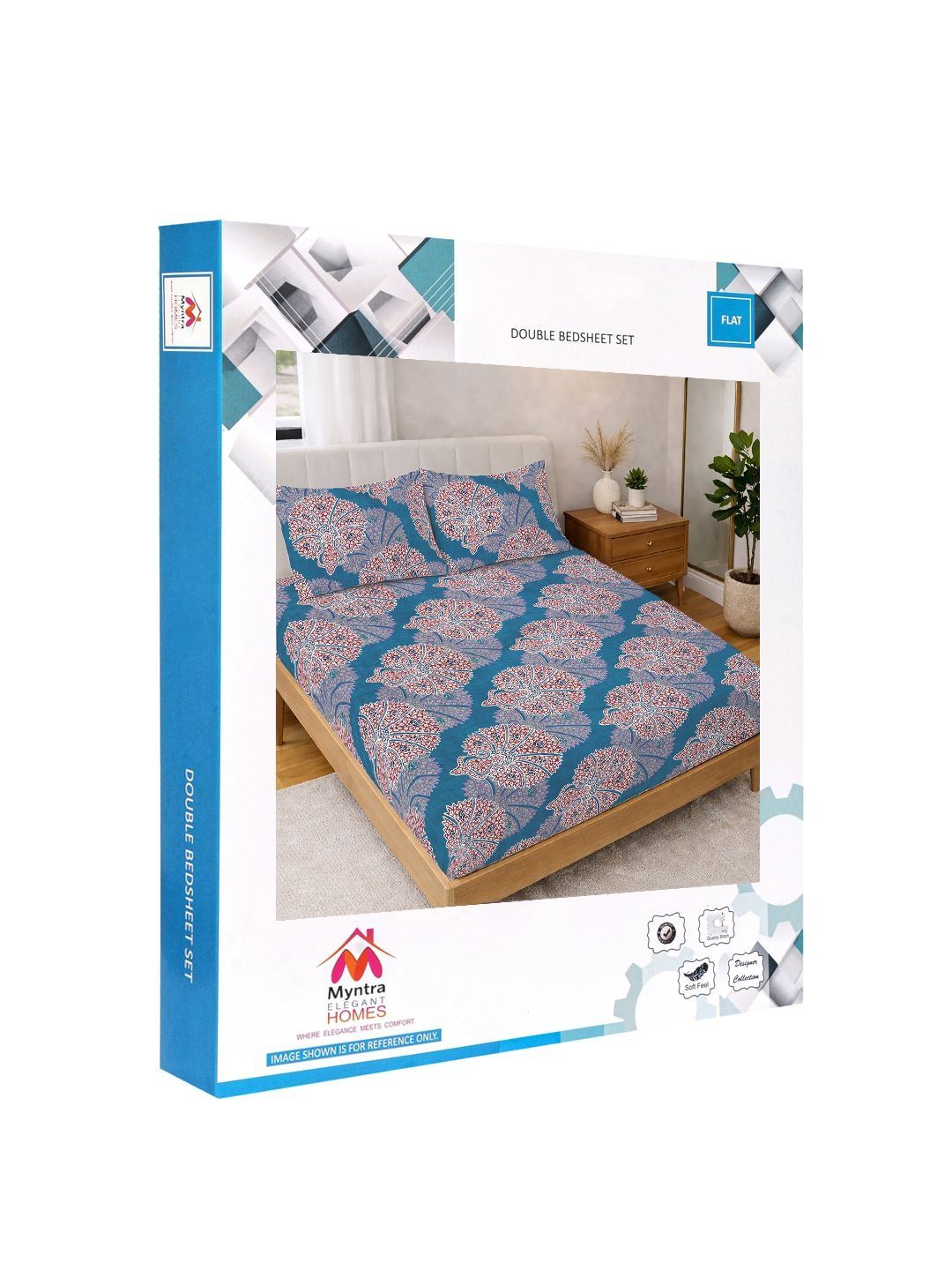 Myntra Elegant Homes Blue 300 TC Super King Double Bedsheet with 2 Pillow Covers