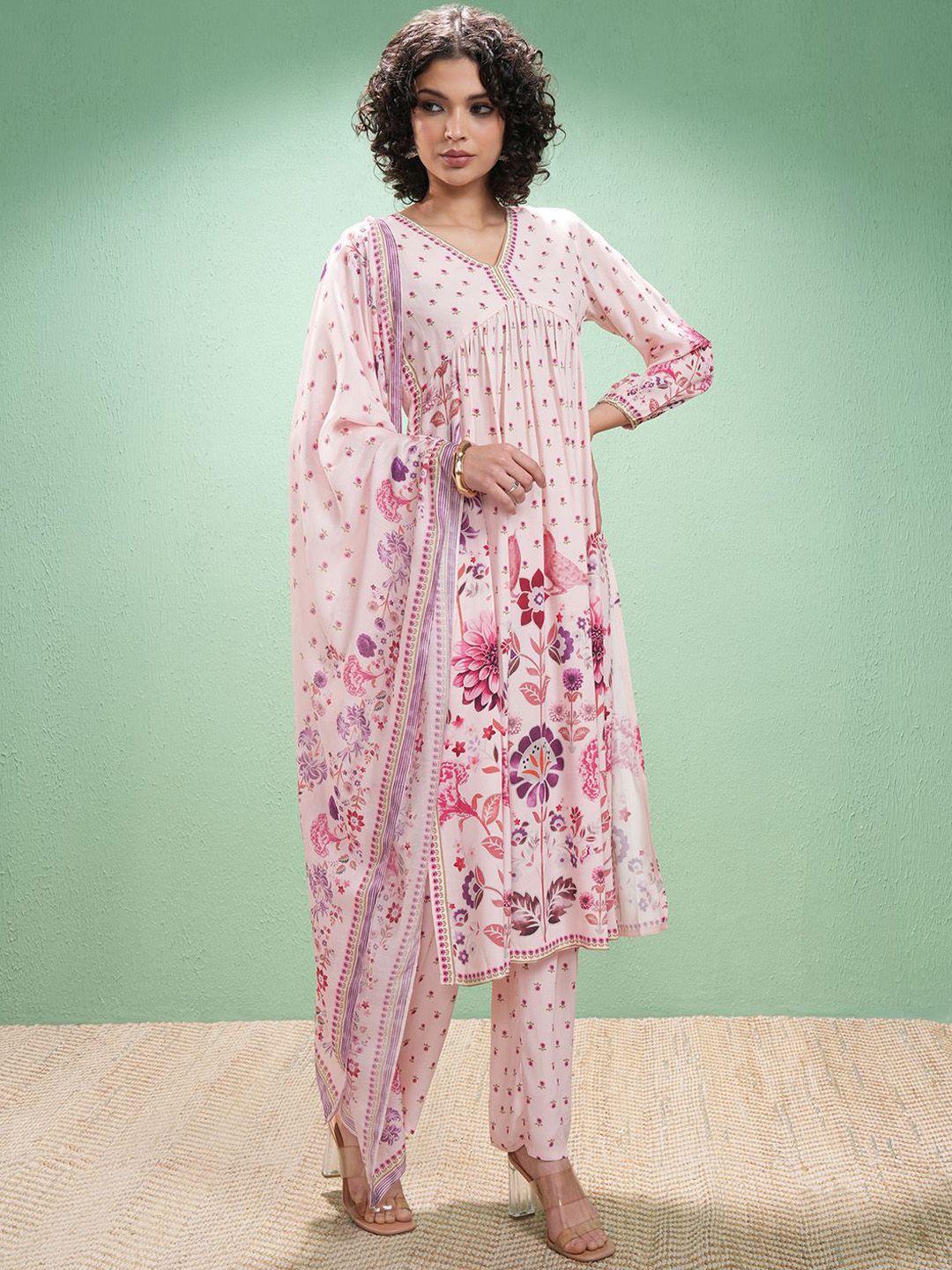 Vishudh Floral Printed V-Neck Empire A-Line Kurta With Trouser And Dupatta
