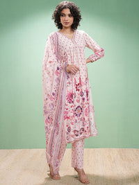 Vishudh Floral Printed V-Neck Empire A-Line Kurta With Trouser And Dupatta