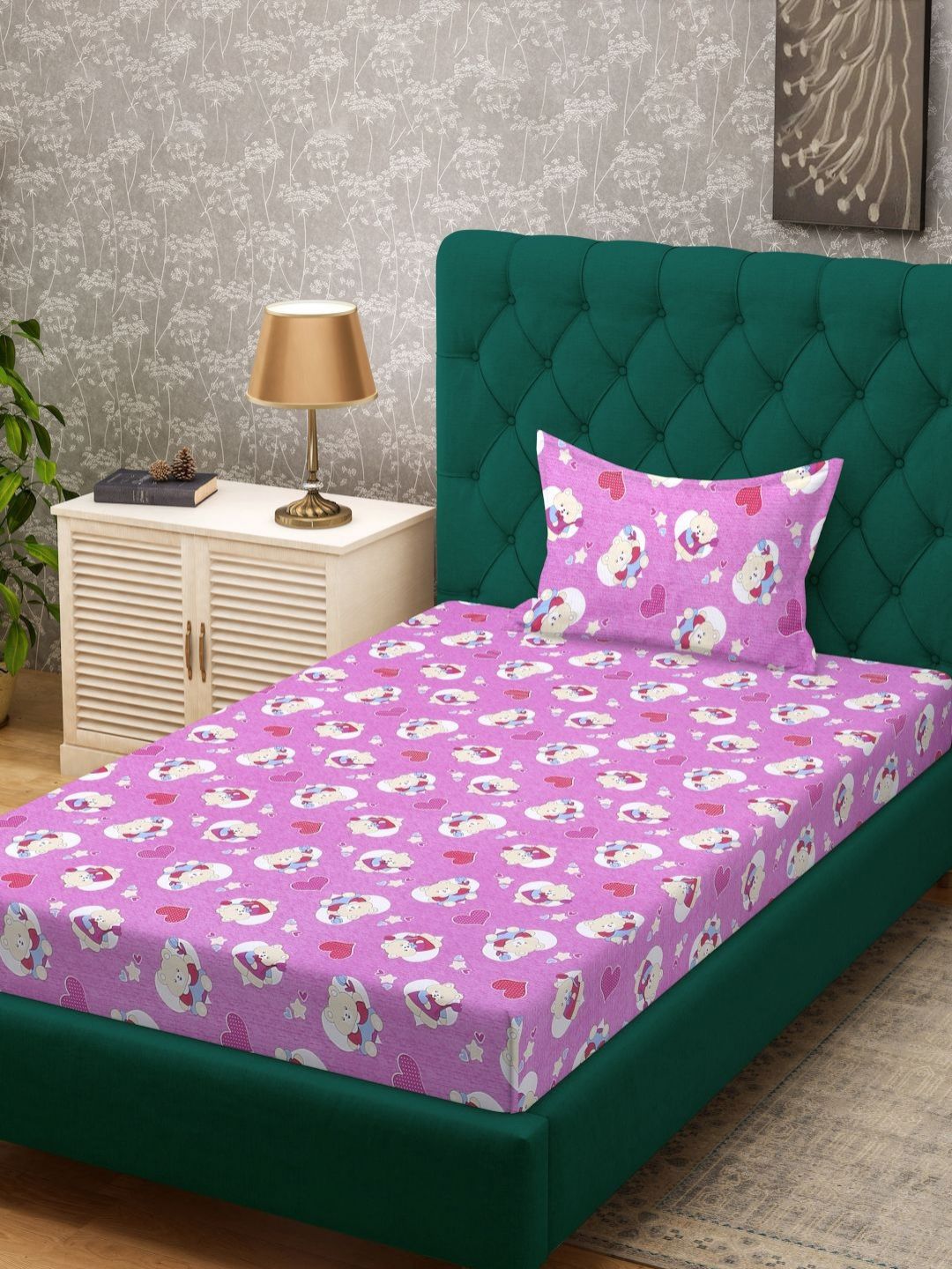 Myntra Elegant Homes Kids Purple Printed Pure Cotton 400TC Set Cadar Bujang 2.2 x 1.5m