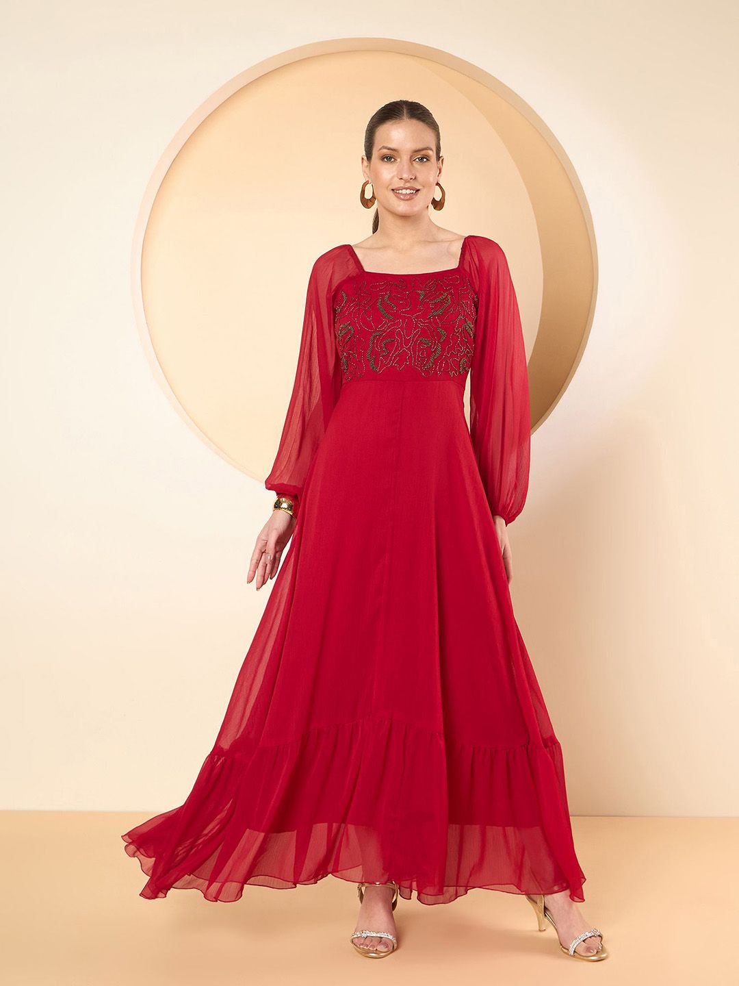 Antheaa Women Square Neck Chiffon Maxi Dress