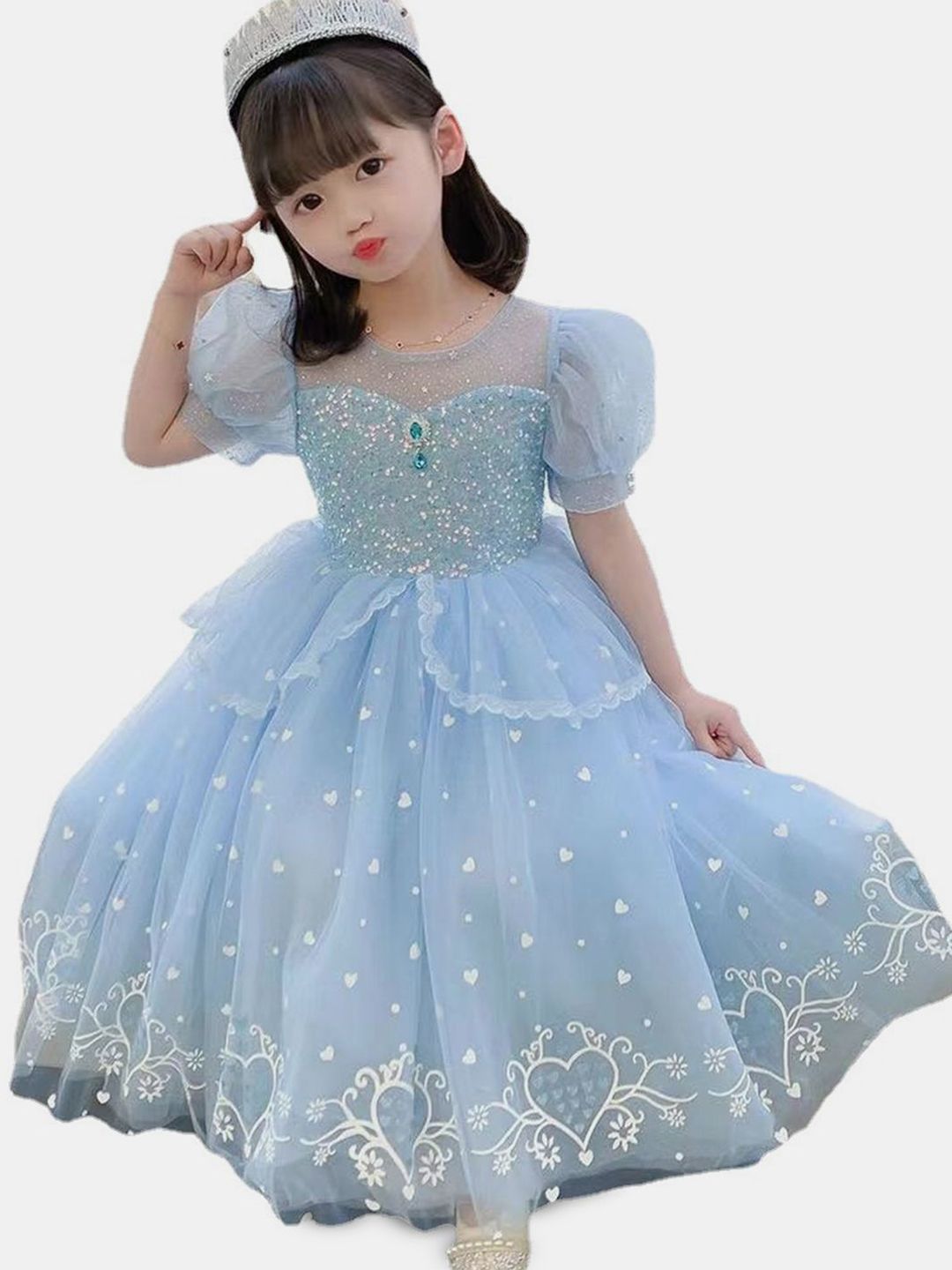 YK Girls Self Design Embellished Puff Sleeve Fit & Flare Dress