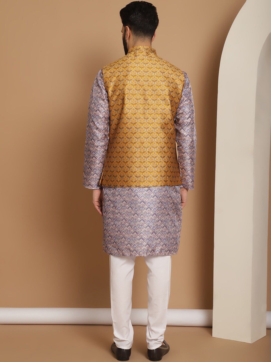 Anouk Men Geometric Printed Straight Kurta With Churidar & Nehru Jacket