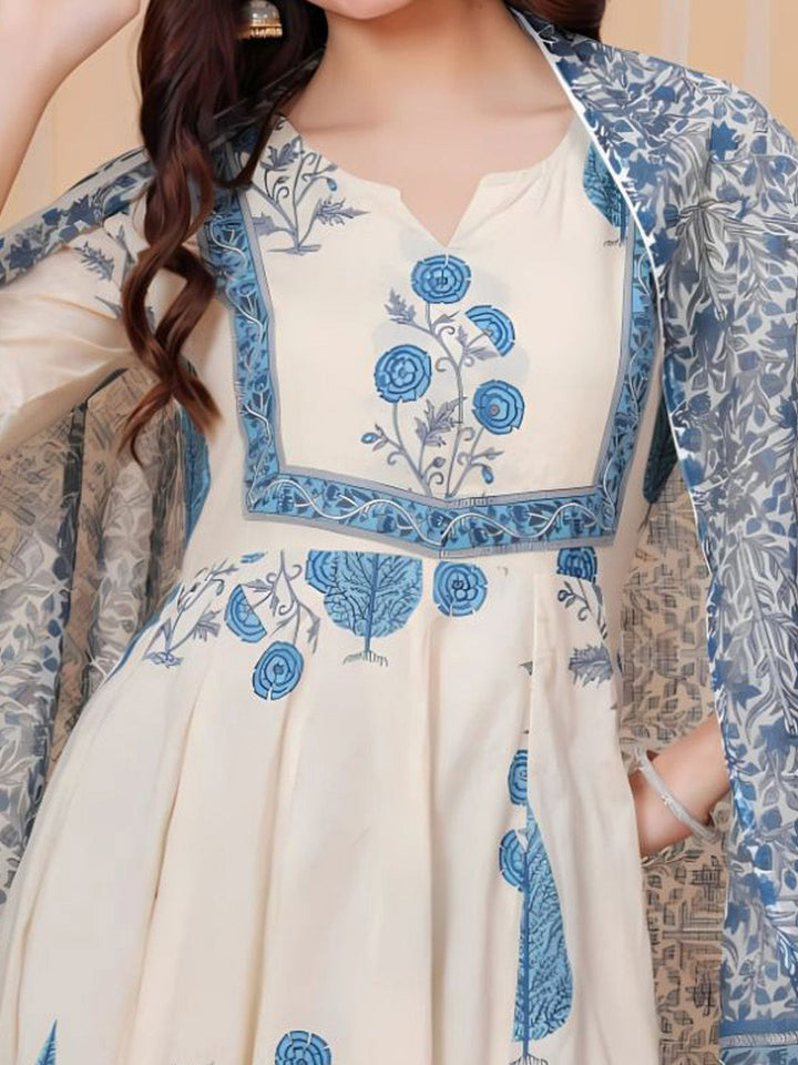 KALINI Floral Printed Panelled Anarkali Pure Cotton Kurta With Trousers & Dupatta