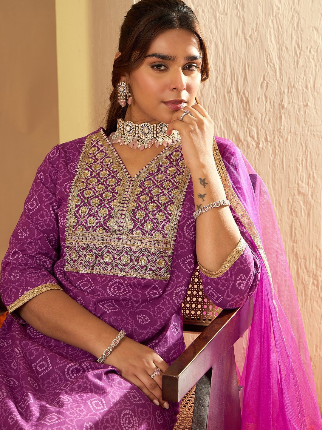 Indo Era Bandhani Embroidered Sequinned Pure Cotton Straight Kurta With Trousers & Dupatta