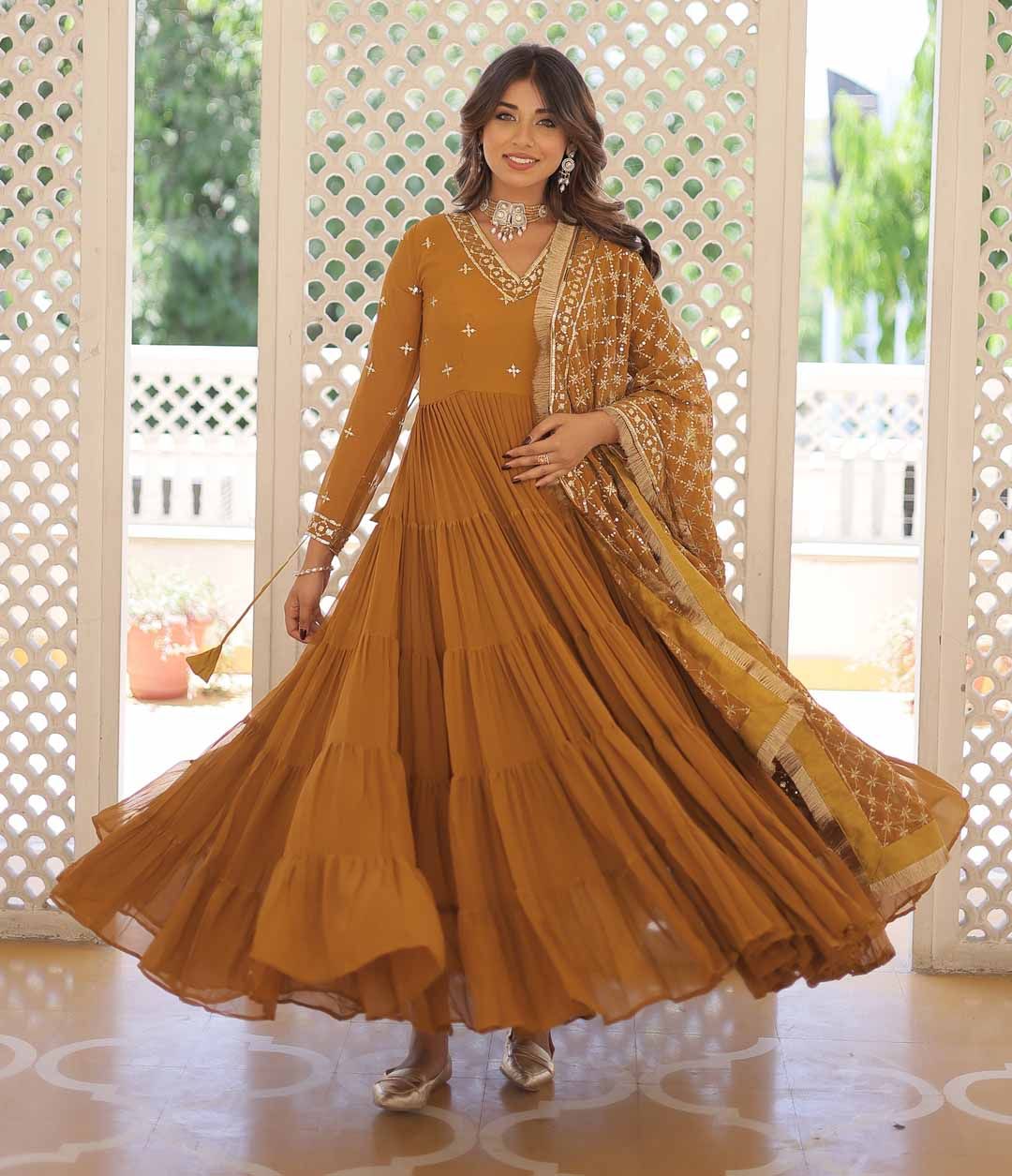 KALINI Sequin Embroidered Tiered Anarkali Kurta With Duppatta