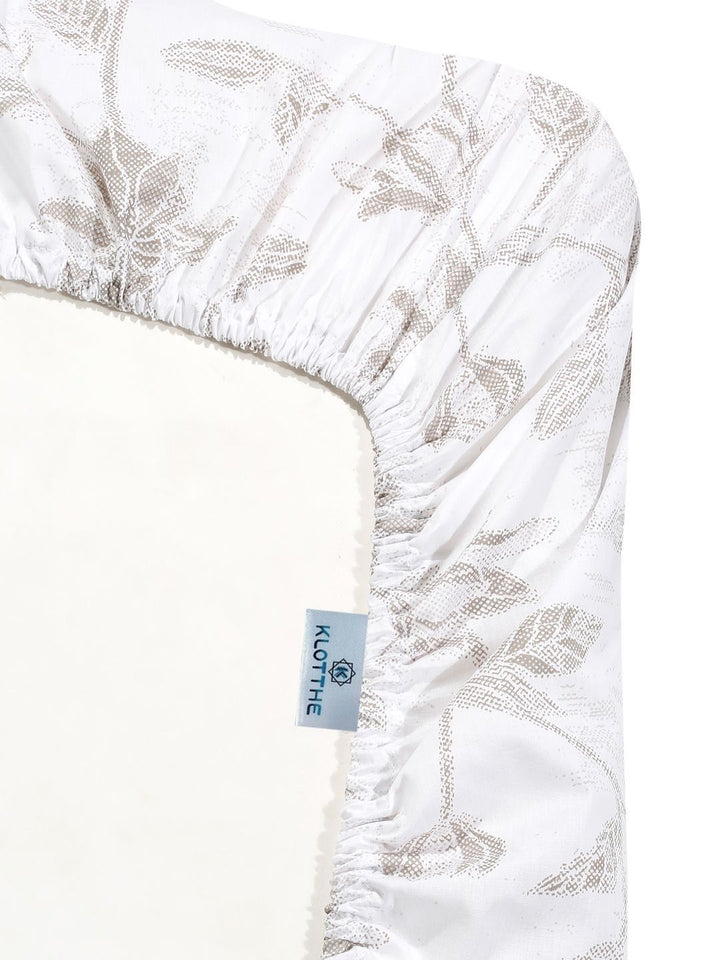 KLOTTHE White Floral Fitted 400 TC Pure Cotton Super King Bedsheet With 2 Pillow Cover
