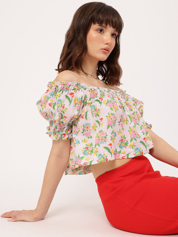 DressBerry Sassy Sweetheart Floral Print Smocked Bardot Top