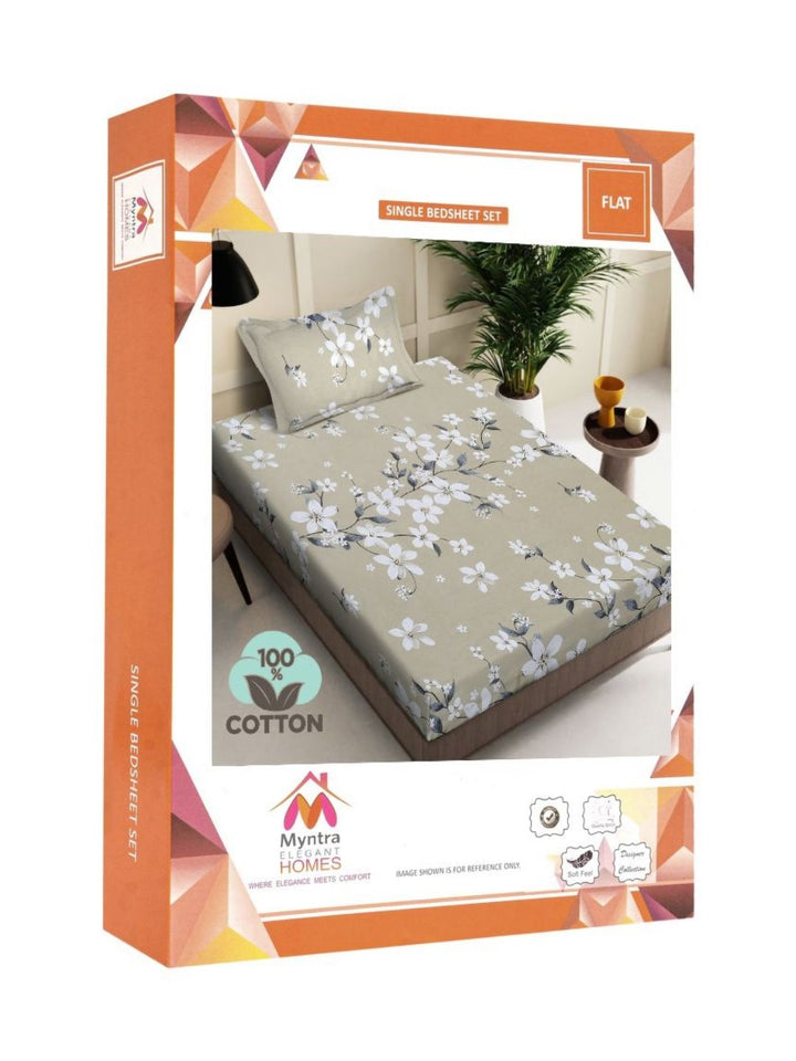Myntra Elegant Homes Beige & White Floral 400 TC Single Bedsheet with 1 Pillow Covers