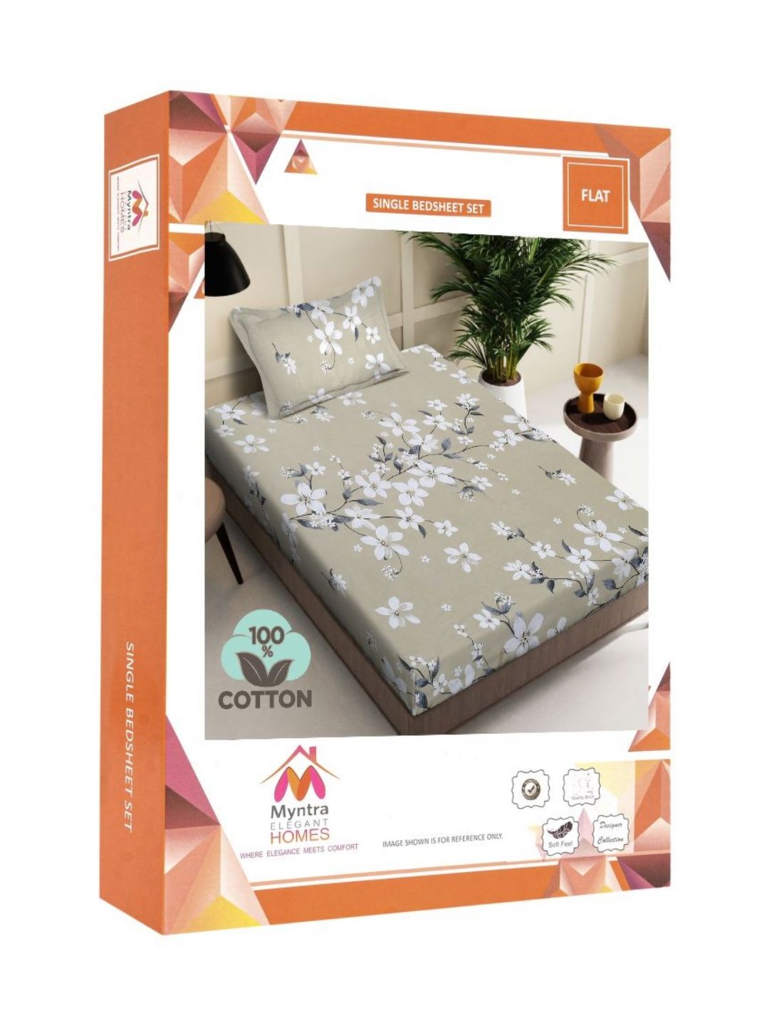 Myntra Elegant Homes Beige & White Floral 400 TC Single Bedsheet with 1 Pillow Covers