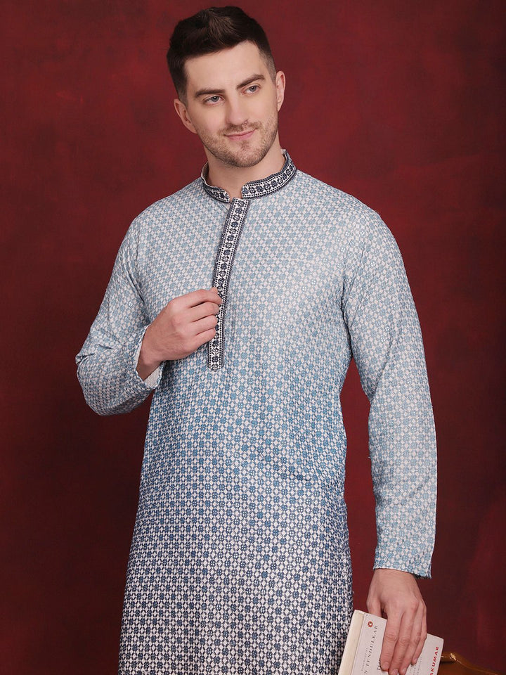 Jompers Geometric Embroidered Mandarin Collar Sequinned Kurta With Pyjamas