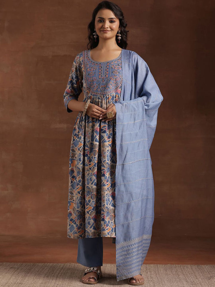 Libas Abstract Printed Pleated Anarkali Kurta With Trouser & Dupatta