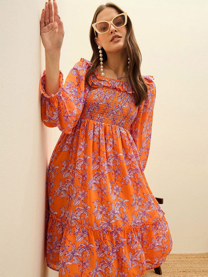 SASSAFRAS Floral Print Balloon Sleeve Georgette Fit & Flare Short Dress