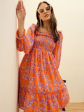 SASSAFRAS Floral Print Balloon Sleeve Georgette Fit & Flare Short Dress