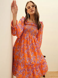 SASSAFRAS Floral Print Balloon Sleeve Georgette Fit & Flare Short Dress