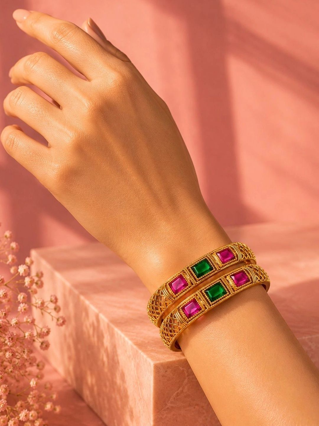 PANASH Set Of 2 Gold-Plated Artificial Stones Studded Bangles