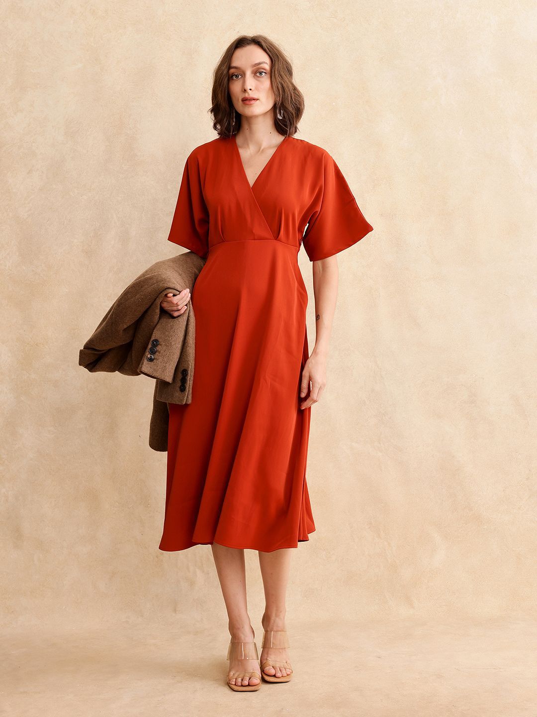 RAREISM Women V-Neck Fit & Flare Cotton Midi Dress