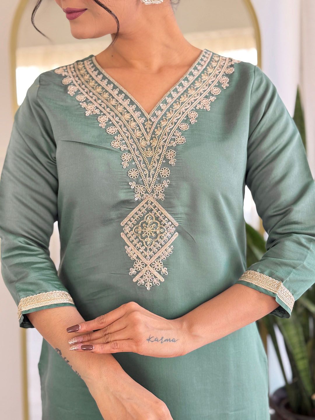 KALINI Women Embroidered Regular Kurta with Trousers & With Dupatta
