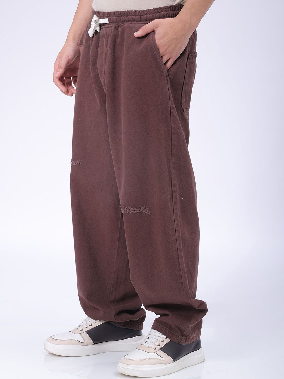 The Indian Garage Co Men Baggy Fit Cotton Elasticated Waist Jeans