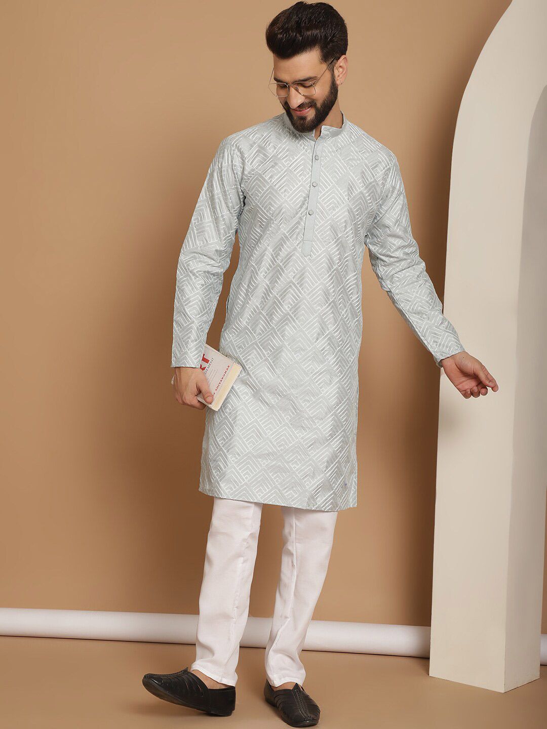 Anouk Geometric Embroidered Straight Kurta with Churidar