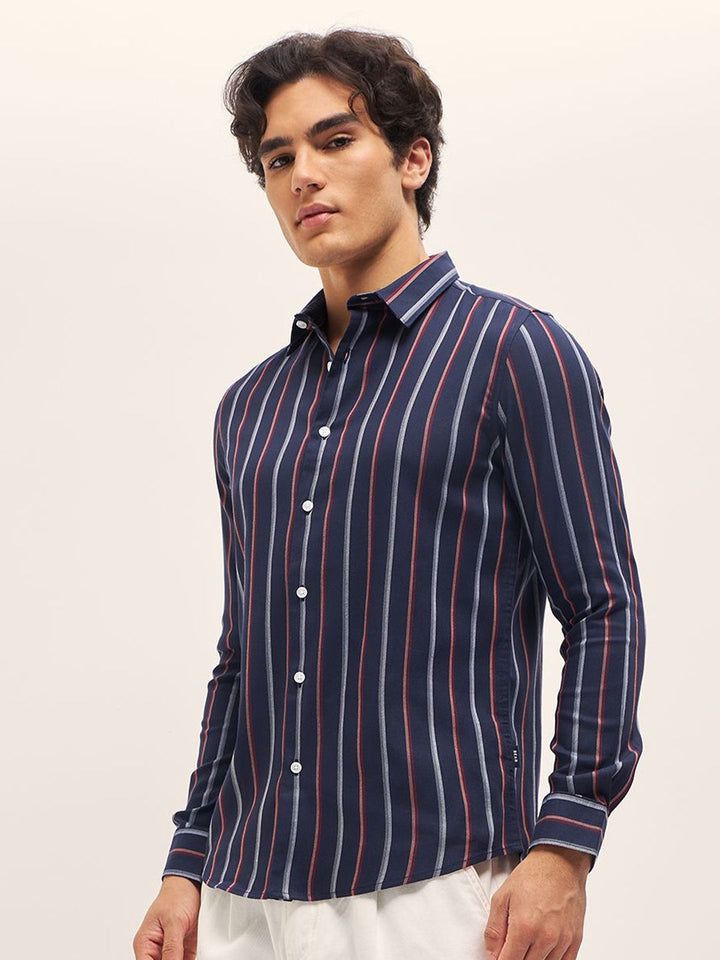 THE BEAR HOUSE Men Spread Collar Multi Striped Cotton Slim Fit Casual Shirt