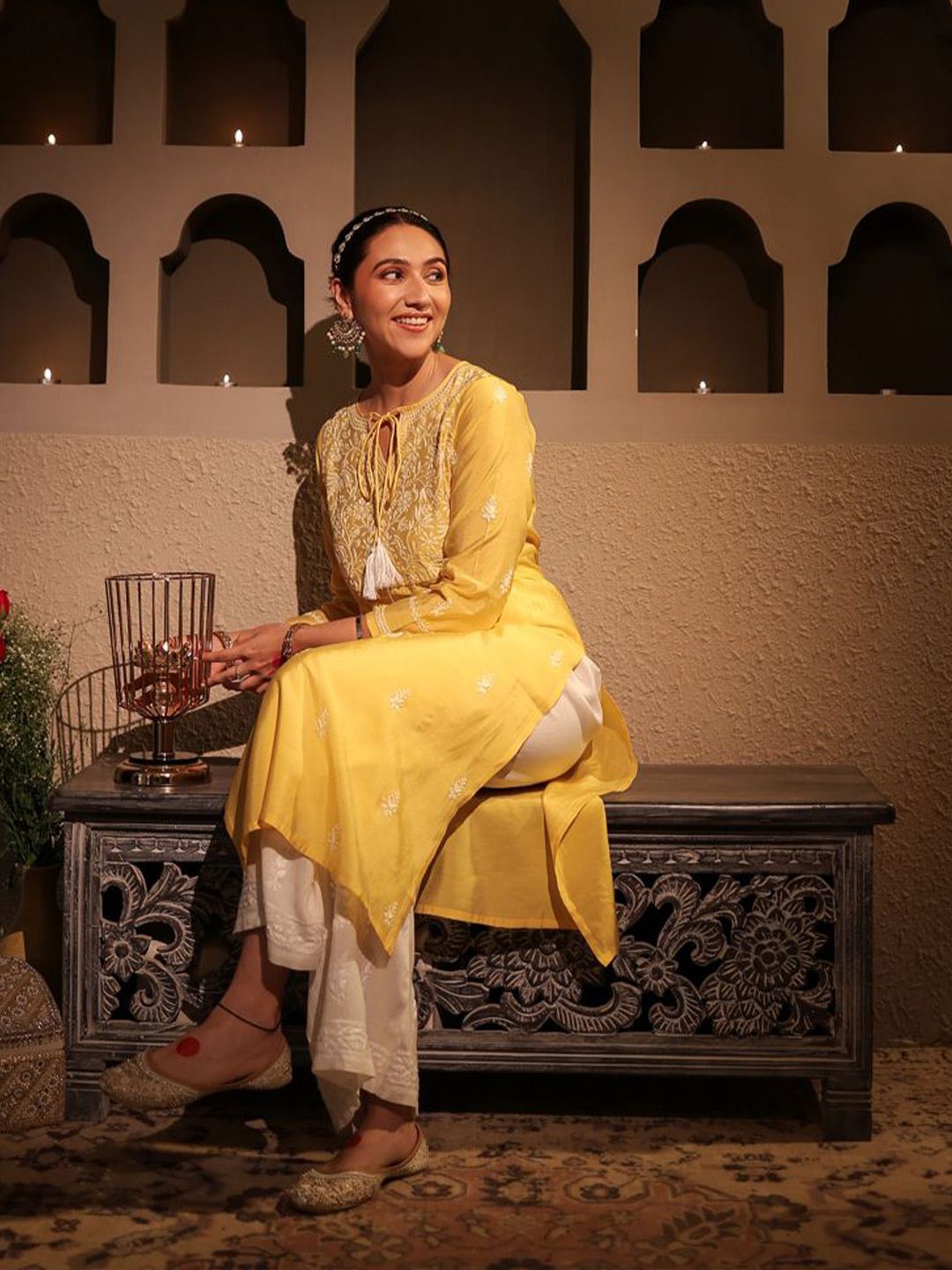 House of Chikankari Women Yellow Printed Cotton A-Line Kurta