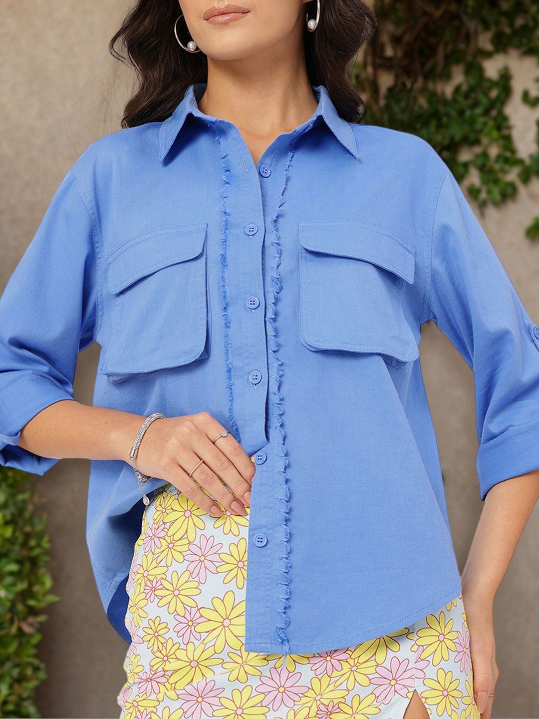 DressBerry Functional Fashion Roll-Up Sleeves Pockets Fringed Placket Shirt