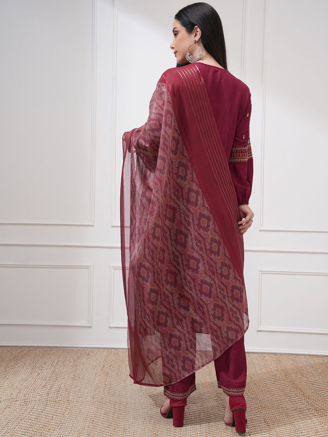 Vishudh Floral Embroidered Tie-Up Neck Thread Work Anarkali Kurta With Trouser And Dupatta