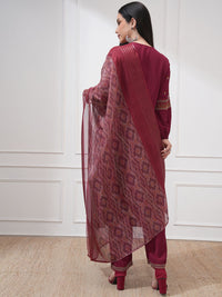 Vishudh Floral Embroidered Tie-Up Neck Thread Work Anarkali Kurta With Trouser And Dupatta