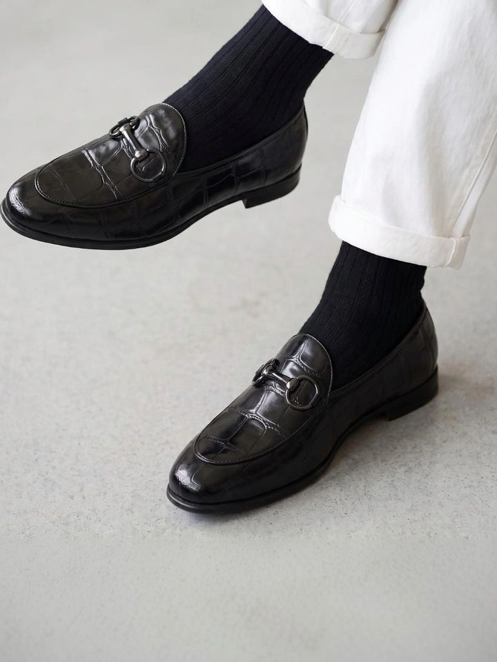 MONKSTORY Black Horsebit Smart Croc-Effect Slip-Os
