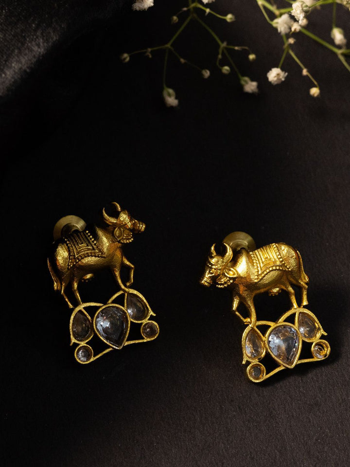 PANASH Gold-Plated Artificial Stones Studded Cow Shaped Drop Earrings