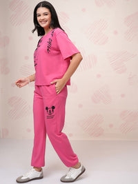 Tokyo Talkies Pink Disney Mickey Mouse Printed Round Neck Pure Cotton T-Shirt & Jogger