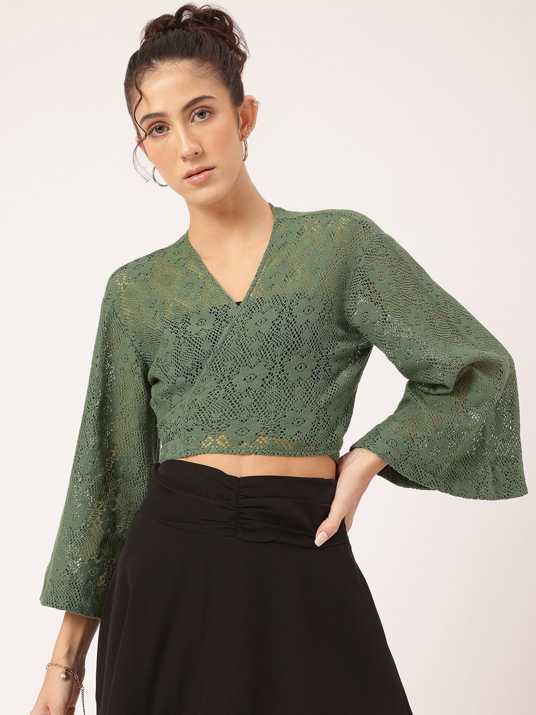 DressBerry Open-Knit Crop Sheer Wrap Top