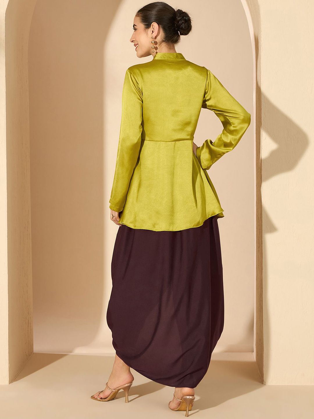 Antheaa 100% Satin Embroidered Mandarin Collar Tunic & Palazzo