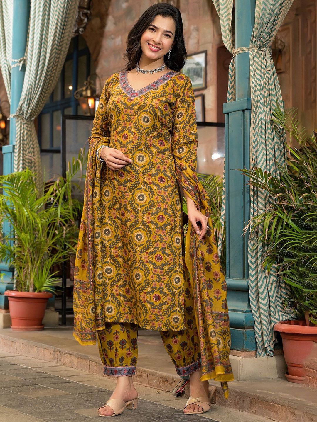 KALINI Floral Printed V Neck Straight Kurta With Salwar & Dupatta