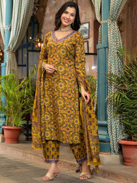 KALINI Floral Printed V Neck Straight Kurta With Salwar & Dupatta