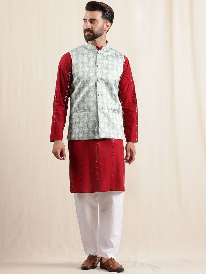 Kurta Kapas Sulam Padat Lelaki Anouk dengan Piyama & Jaket Nehru