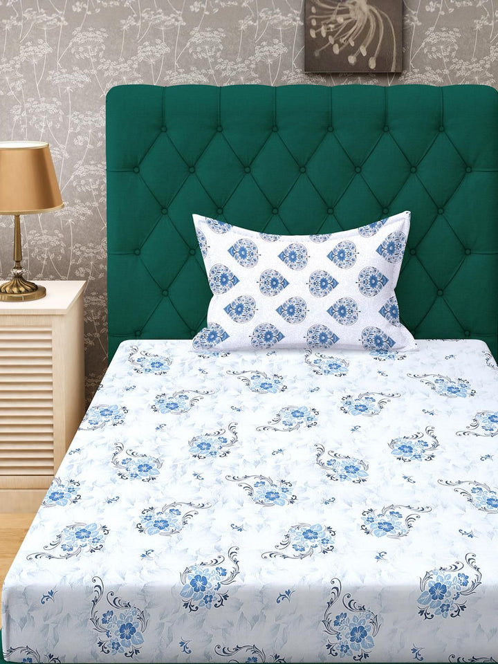 KLOTTHE Blue Cotton Floral 400 TC Single Bedsheets