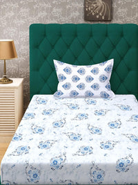 KLOTTHE Blue Cotton Floral 400 TC Single Bedsheets