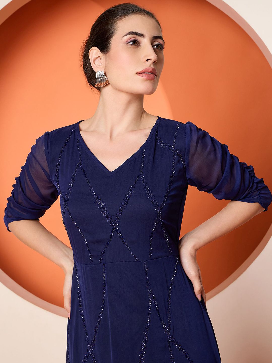 Antheaa Women Embellished Chiffon Three-Quarter Sleeves Maxi Dress