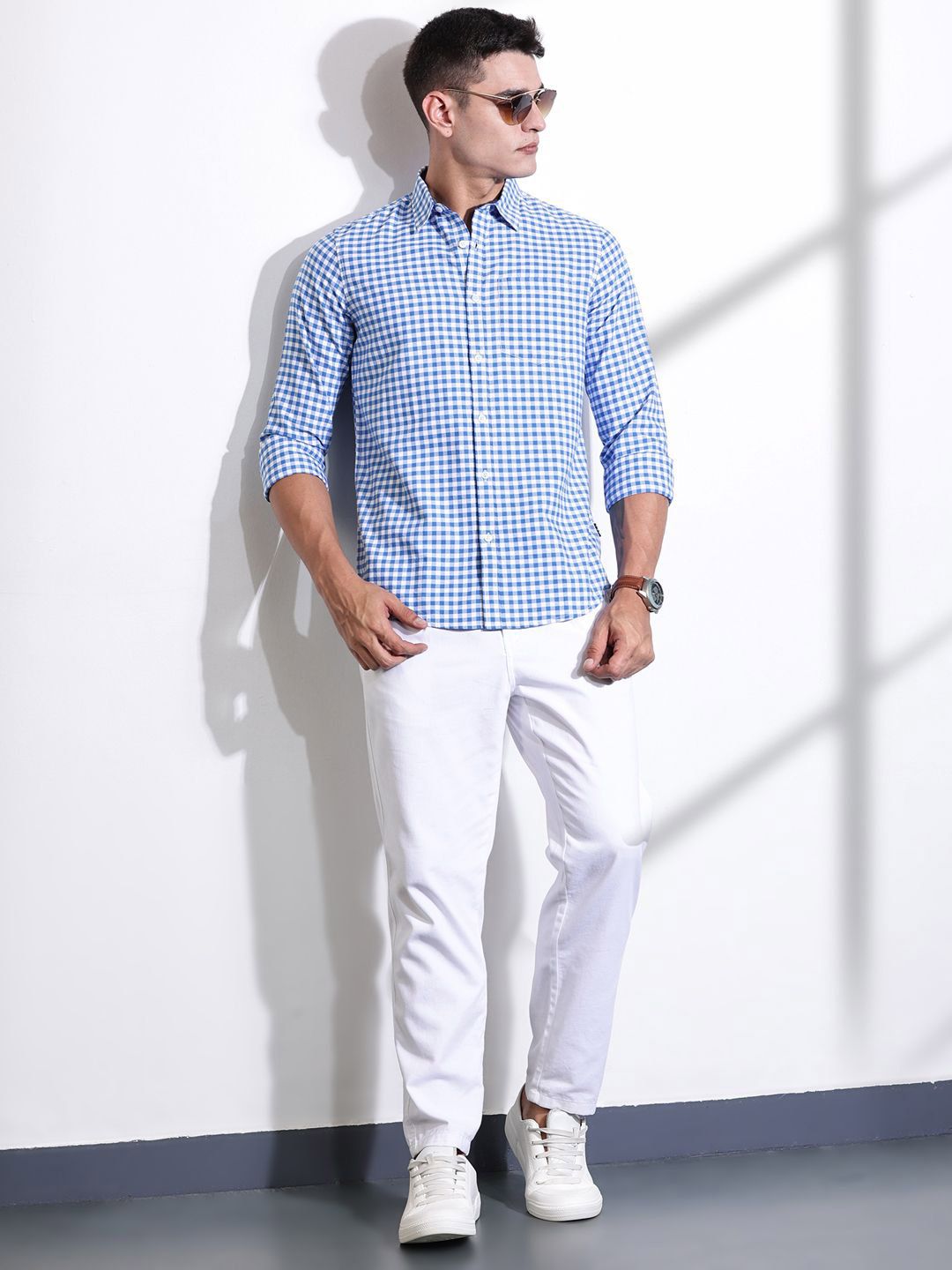 Thomas Scott Men Cotton Classic Slim Fit Gingham Checks Opaque Checked Casual Shirt