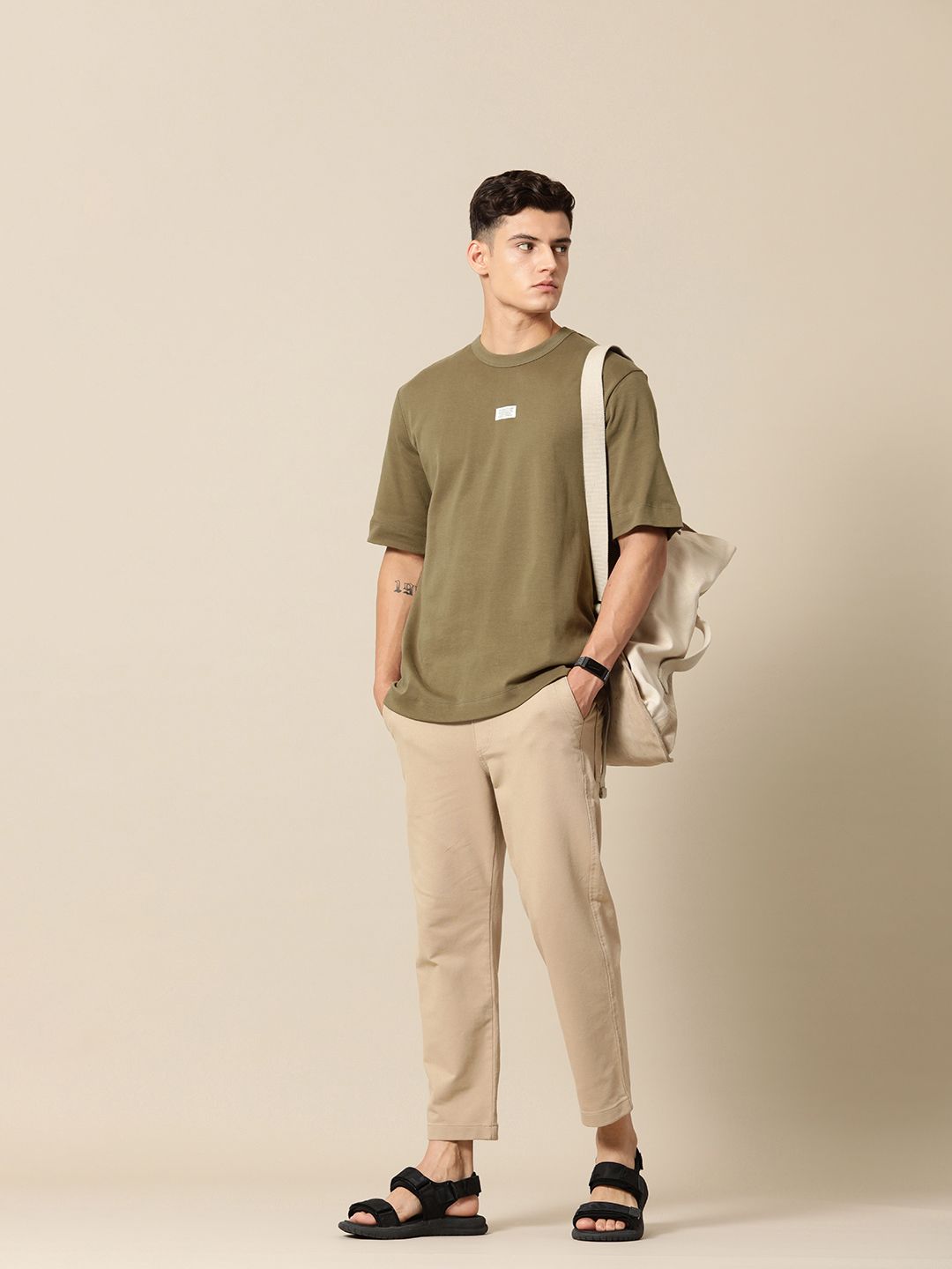Mr Bowerbird Solid Pure Cotton Casual Oversized T-shirt With Patchwork Detail