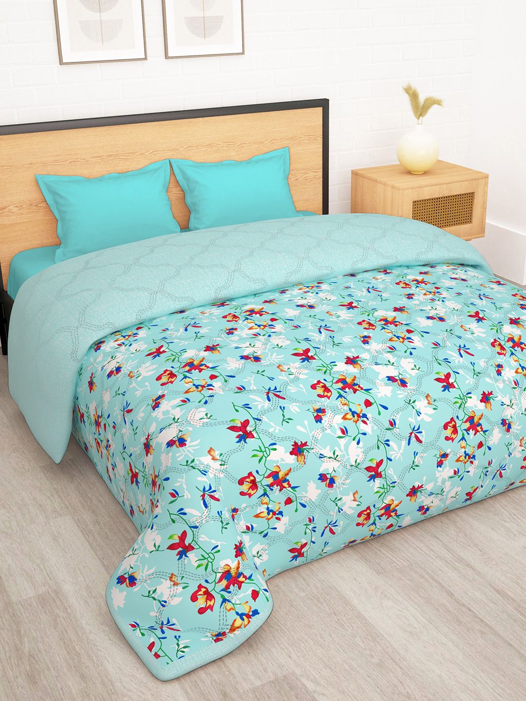 Story@home Turquoise Blue Printed Reversible 120 GSM AC Room Double Bed Comforter
