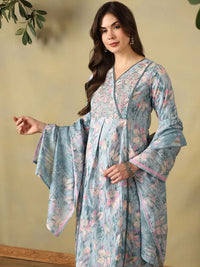 Mamicha Women Floral Printed Angrakha Thread Work Pure Cotton Kurta with Trousers & With Dupatta