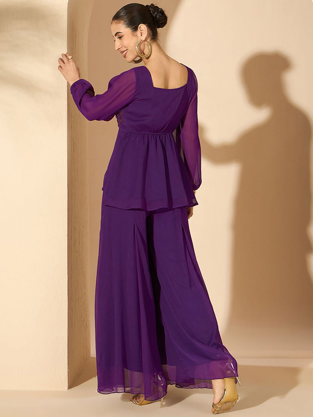 Antheaa Purple Embellished V-Neck Top & Palazzo