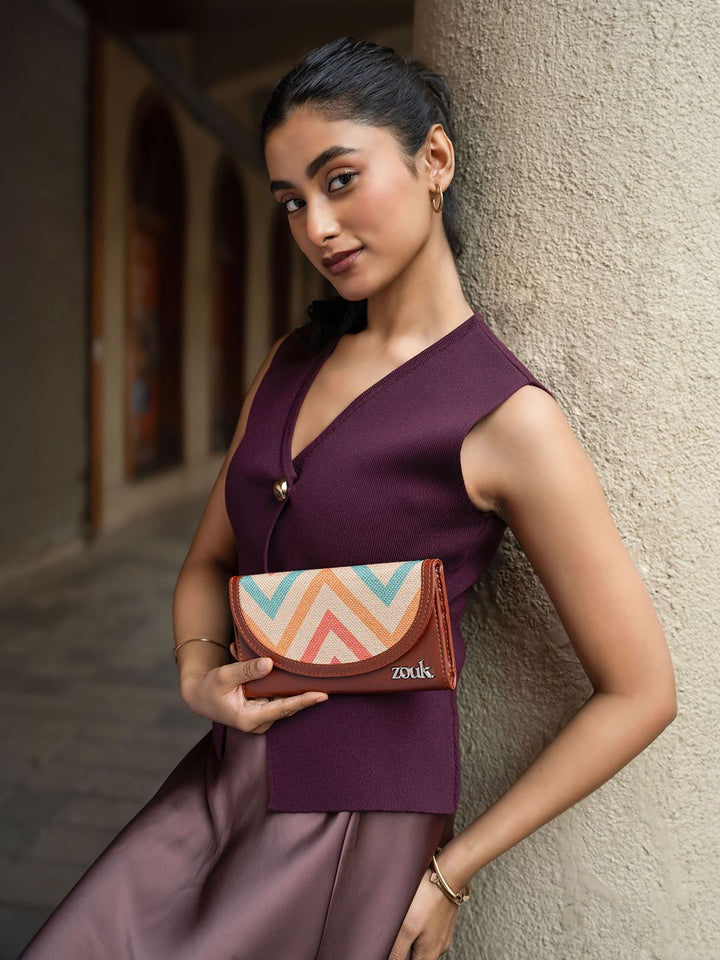 Zouk Wanita Dompet Sampul Kulit Bercetak Geometri