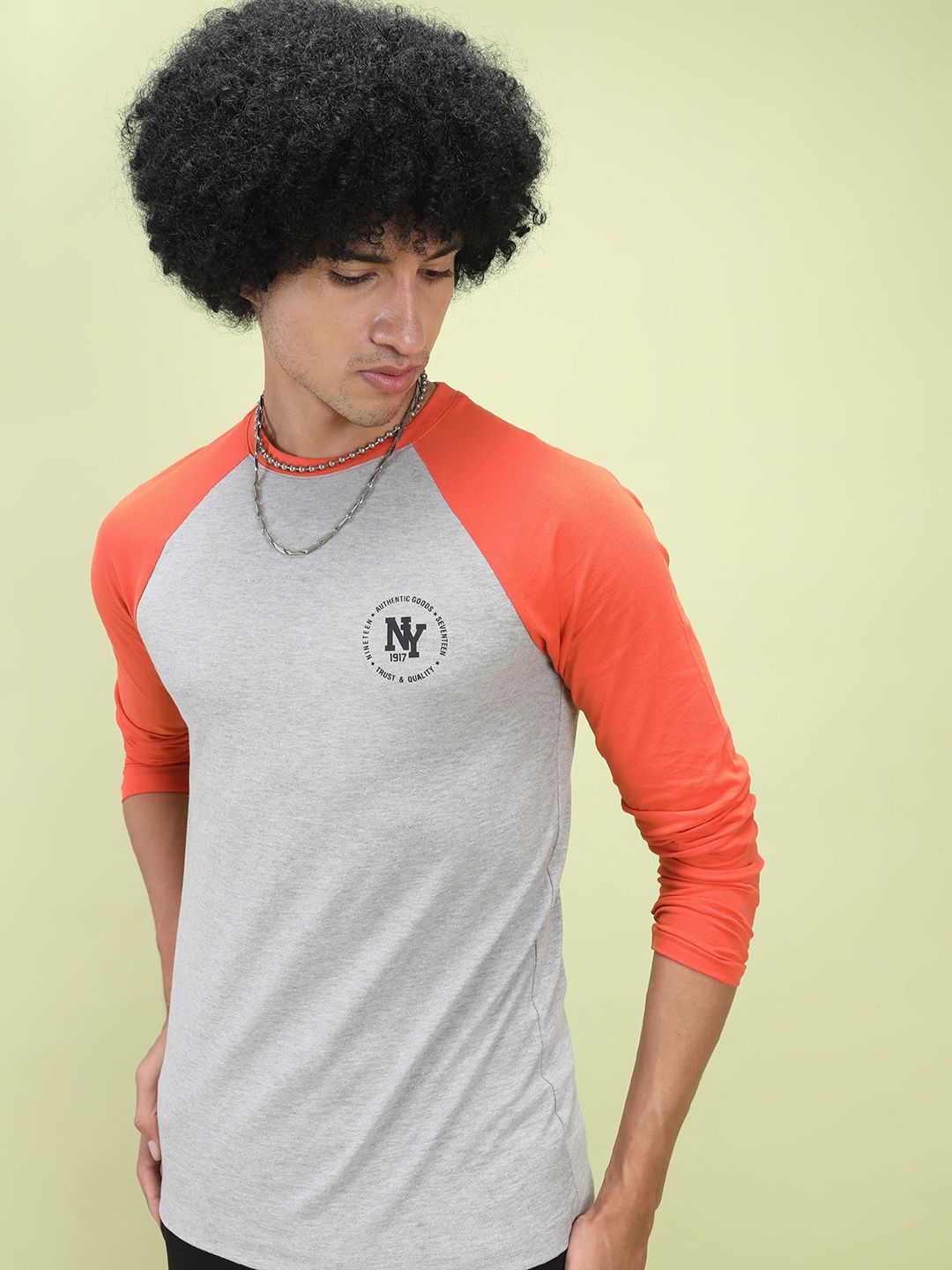The Indian Garage Co Men Grey Melange  Orange Colourblocked Round Neck Pure Cotton T-shirt